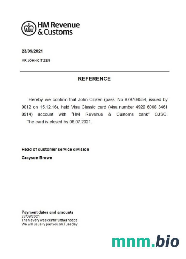 Przykład odniesienia do HM Revenue & Customs w Wielkiej Brytanii w formatach Word i PDF